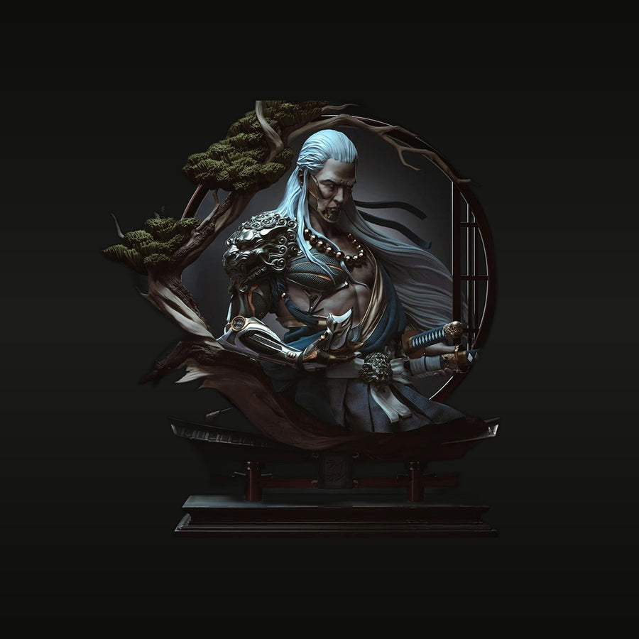 Fantasy White-Haired Samurai Warrior Bust with Diorama Base 1/11 Resin Kit - unpainted resin model kit