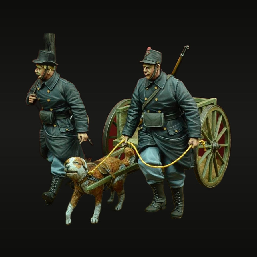 WWI German Soldiers with Bayoneted Rifle and Dog Cart 1/35 Resin Set - unpainted resin model kit