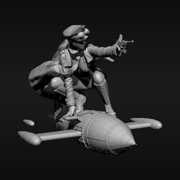 Steampunk Female Aviator Action Girl on Rocket 1/35 Resin Figure Kit