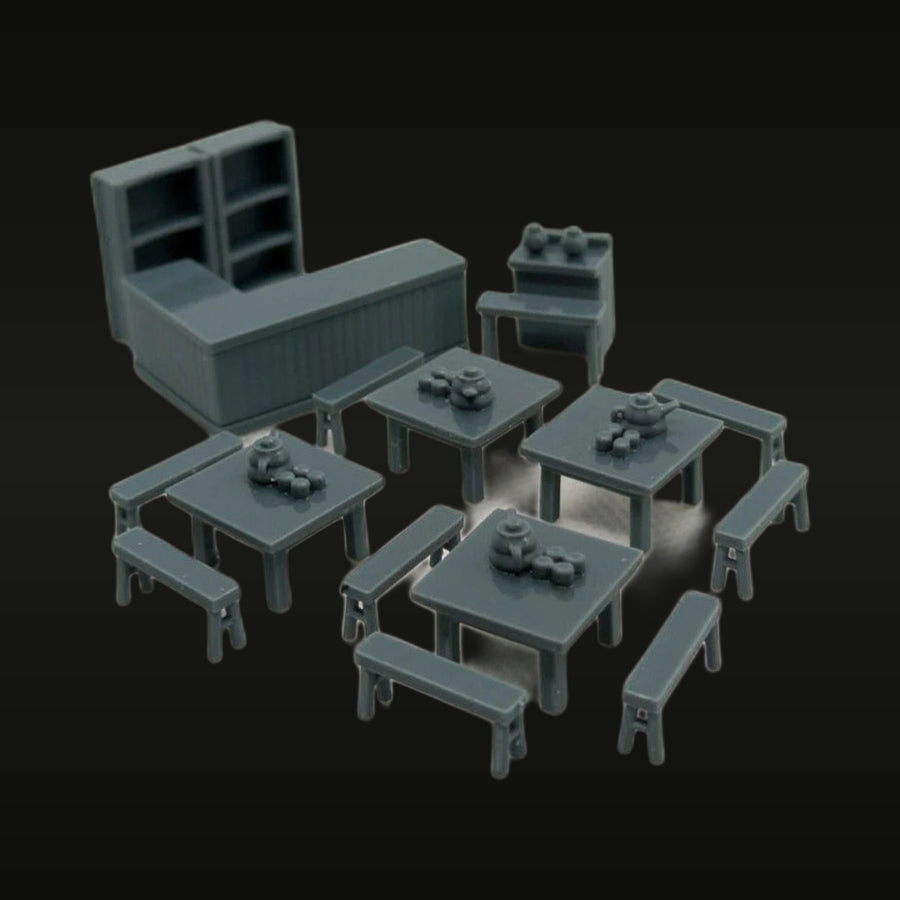 Inn Interior Furniture Set with Dining Chairs 1/87 Resin Diorama Kit - unpainted resin model kit