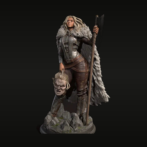 Fantasy Female Barbarian Warrior with Poleaxe & Trophy Head 28mm Resin Figure Kit