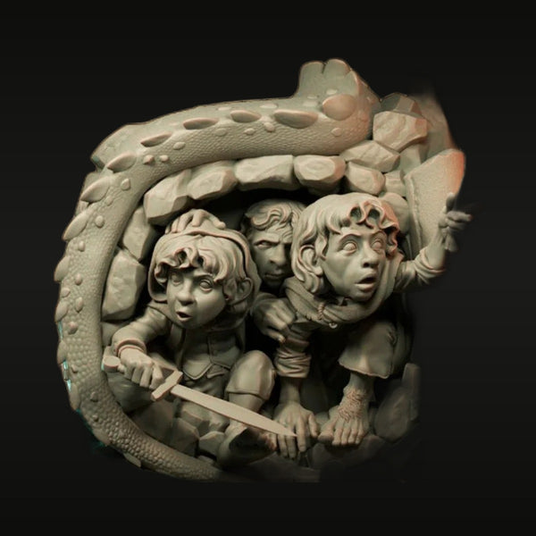 Halflings Hiding from Dragon 80mm Resin Diorama Kit