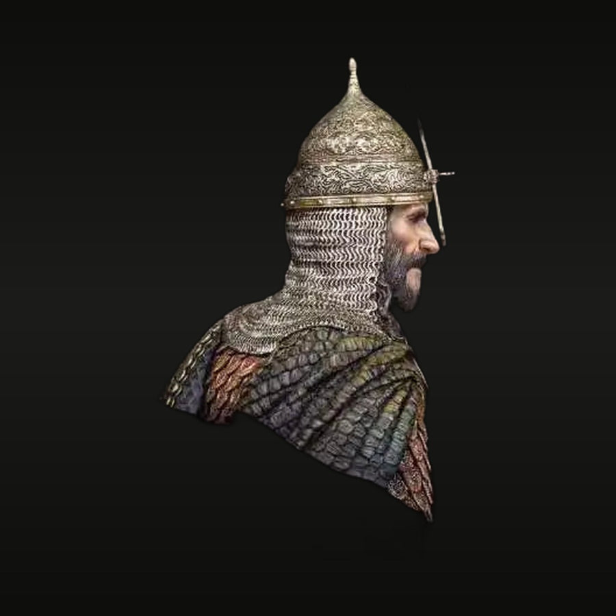Medieval Islamic Warrior Bust with Decorated Helmet and Chainmail Resin Kit - unpainted resin model kit