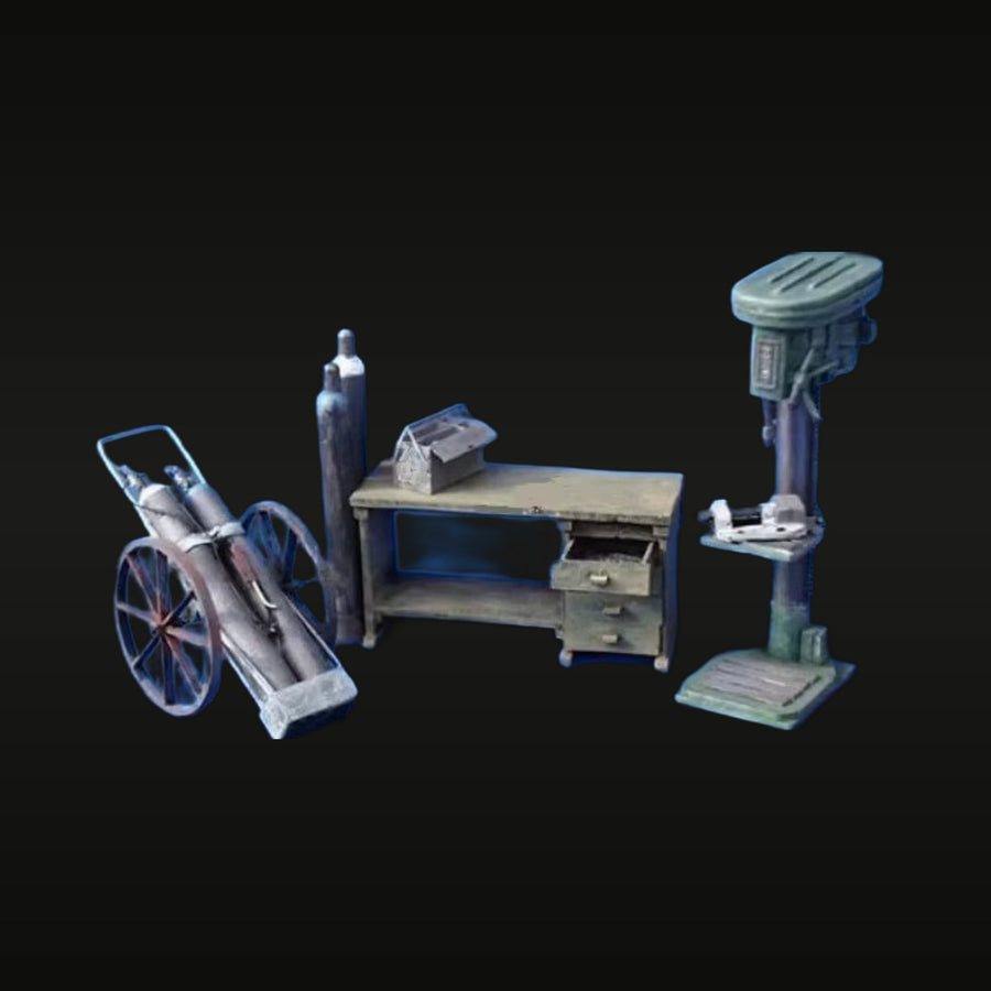 1/35 Workshop Diorama Set with Gas Cylinder Cart, Drill Press & Workbench - unpainted resin model kit