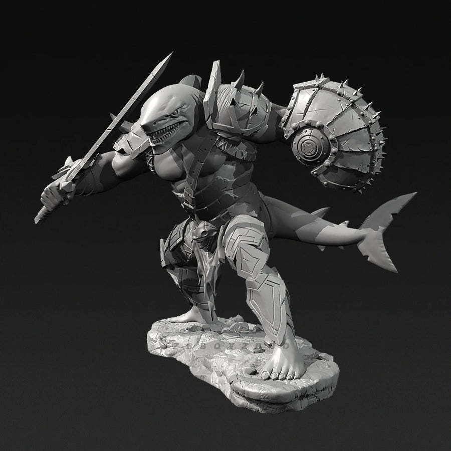 Fantasy Shark Beast Warrior with Saw Blade and Shield 38mm Resin Figure Kit - resin model view 2