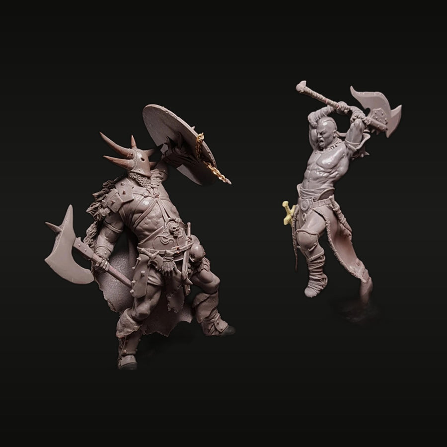 Fantasy Horned Demon Warrior vs Barbarian Axeman Diorama 1/24 Resin Figure Kit - unpainted resin model kit
