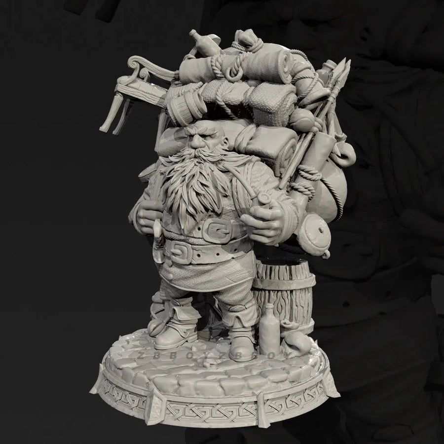 Fantasy Dwarf Adventurer with Oversized Backpack 28mm Resin Figure Kit - resin model view 3