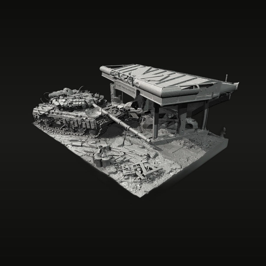 WWII Destroyed Gas Station Diorama with Damaged Tank 1/35 Resin Kit - unpainted resin model kit
