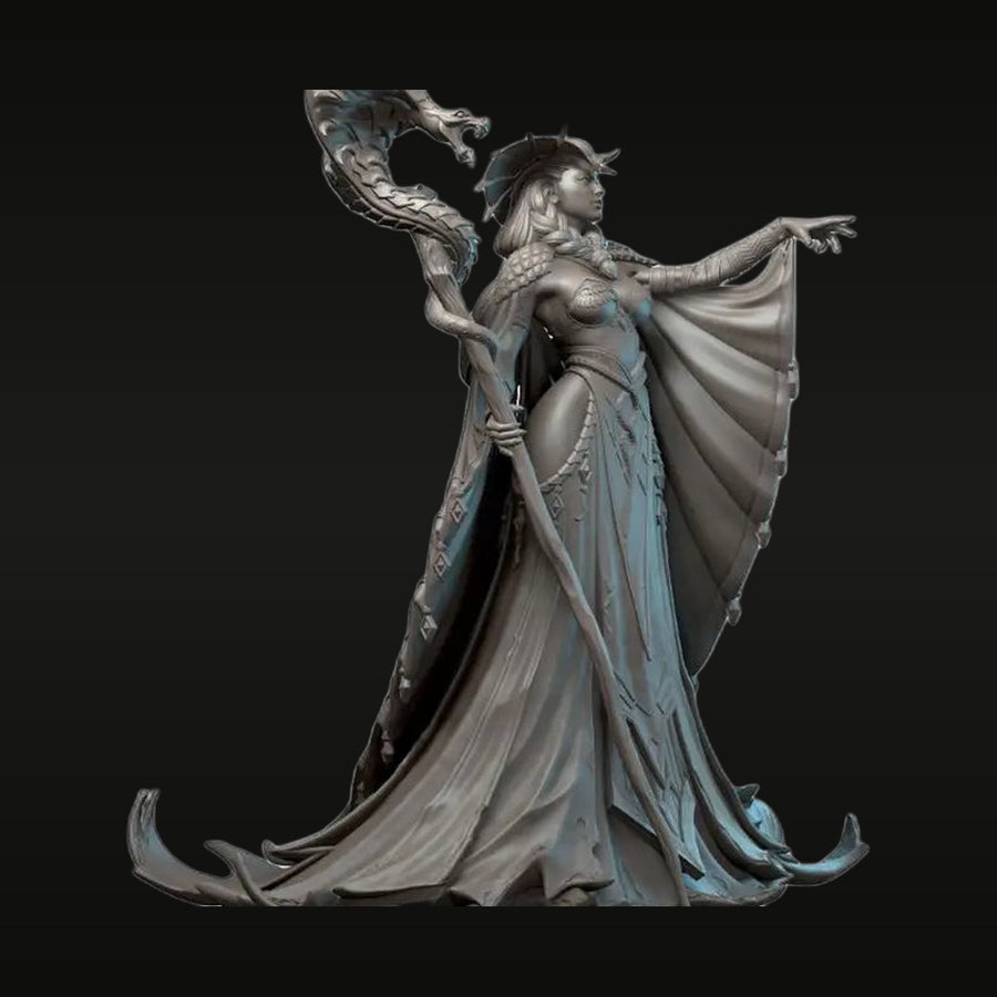 Fantasy Female Sorceress with Dragon Staff and Horns 1/24 Resin Bust Kit - unpainted resin model kit