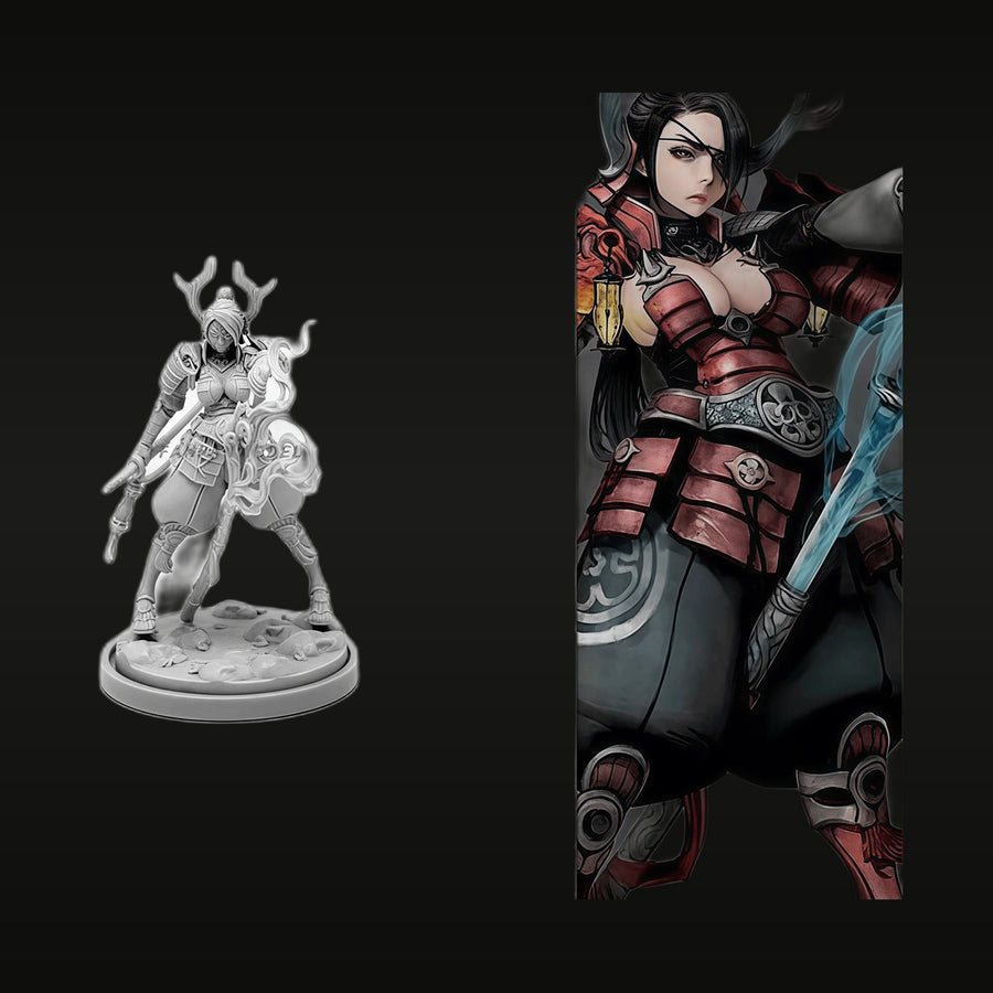 Cyberpunk Female Warrior with Curved Blade & Horned Helm 75mm Resin Figure Kit - unpainted resin model kit