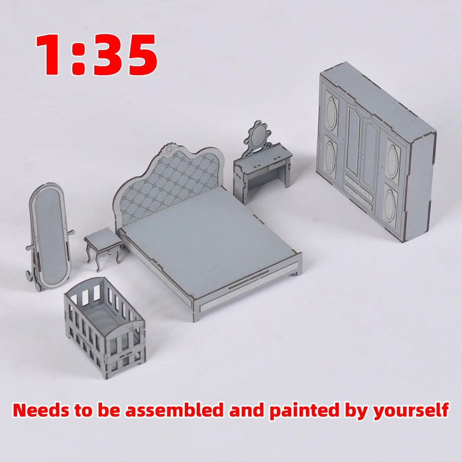 1/35 Scale Model Kit Bedroom Furniture Bed Crib Dressing Table Mirror Nightstand Wardrobe Cupboard Sand Table Diorama Models