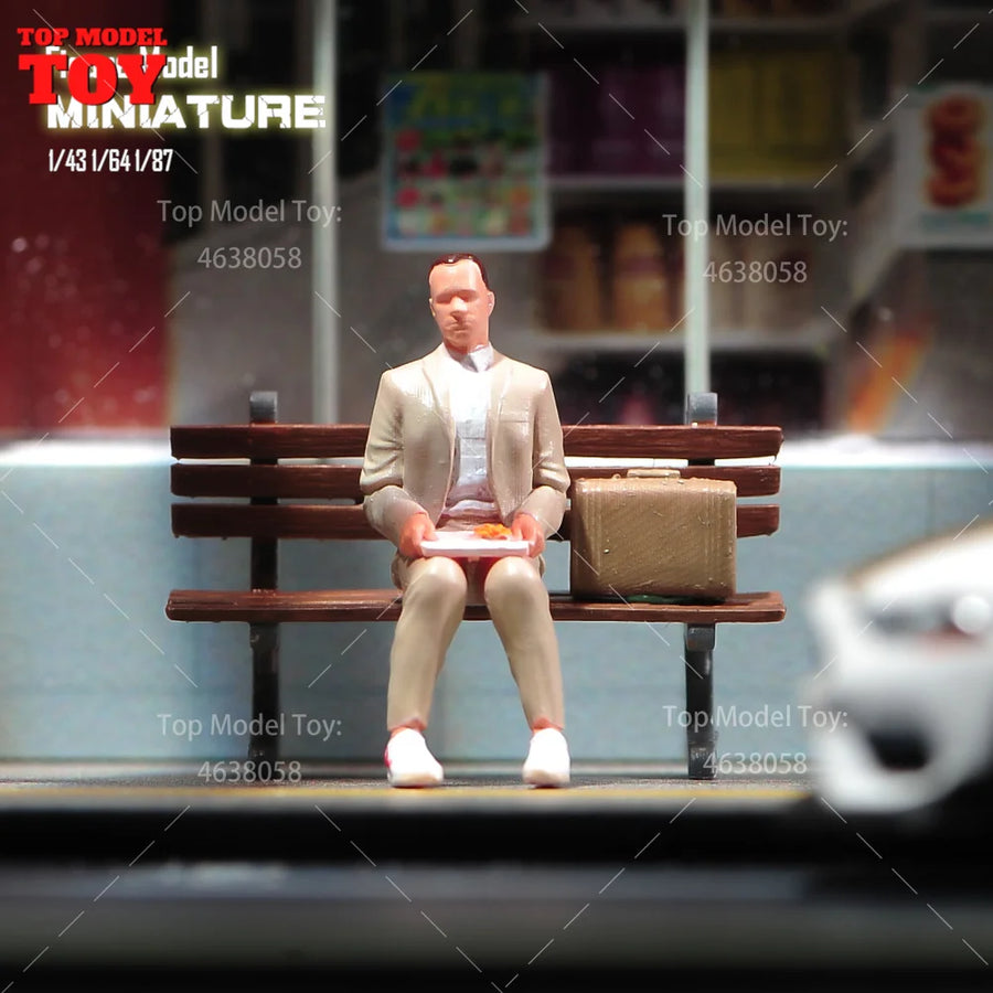 Painted Miniatures 1/64 1/43 1/87 Mr. Forrest Gump Sitting on Bench Male Scene Figure Doll Unpainted Model for Car Vehicles