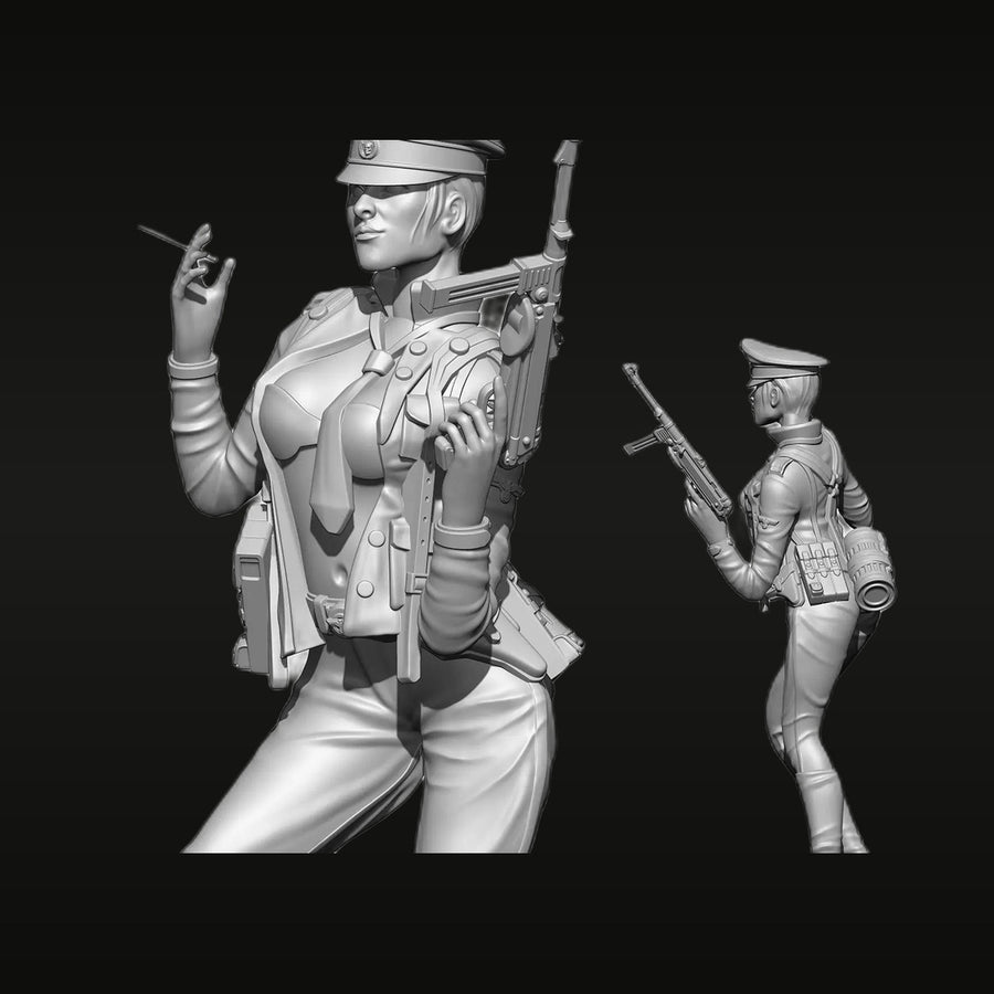 Stylized Female Military Officer with Submachine Gun Resin Figure Kit - unpainted resin model kit