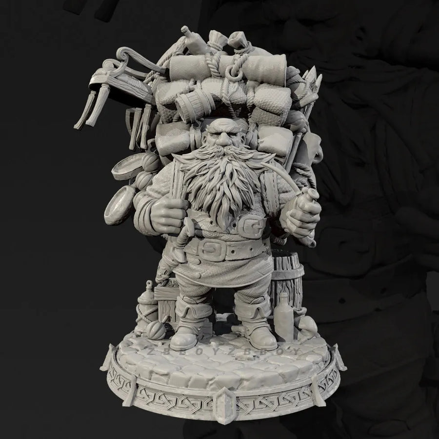 Fantasy Dwarf Adventurer with Oversized Backpack 28mm Resin Figure Kit - resin model view 2