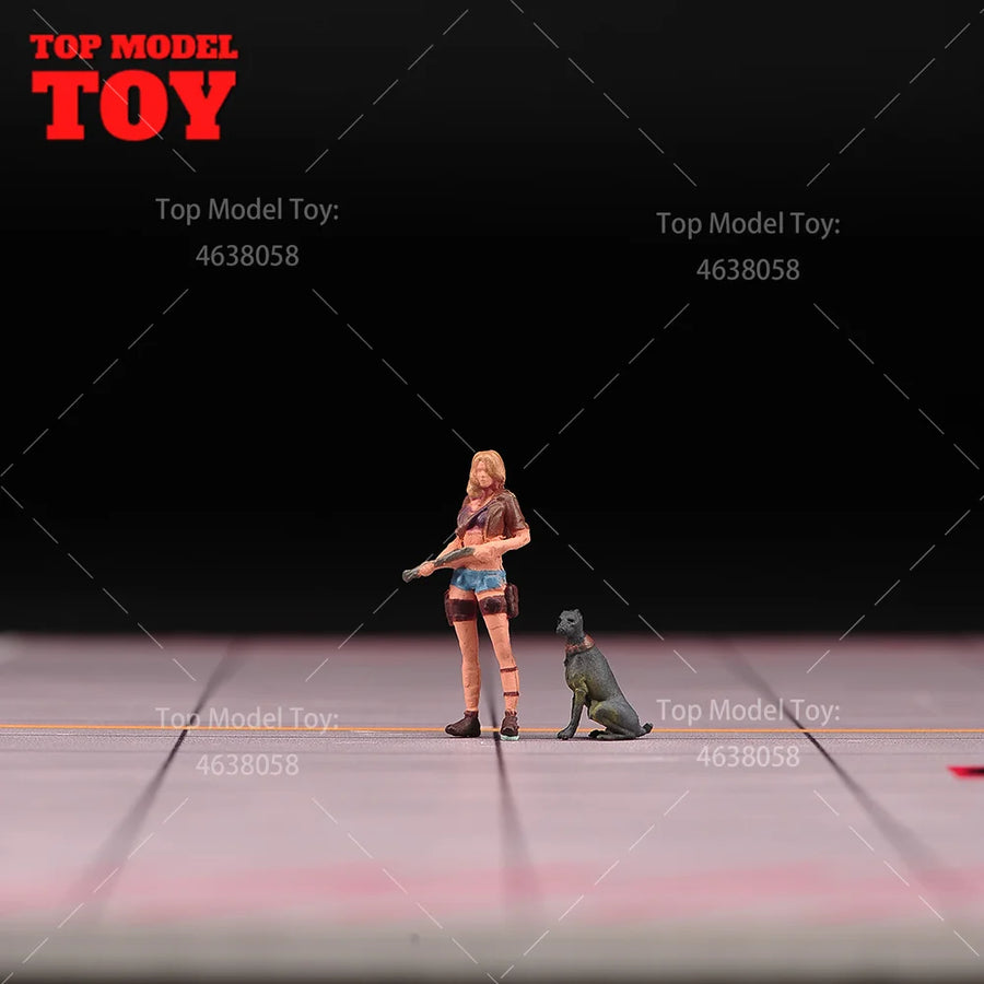 Painted Miniatures 1/64 Shotgun Girl Hunter Cool Punk Beauty with Dog Scene Figures Model for Cars Vehicles Toy