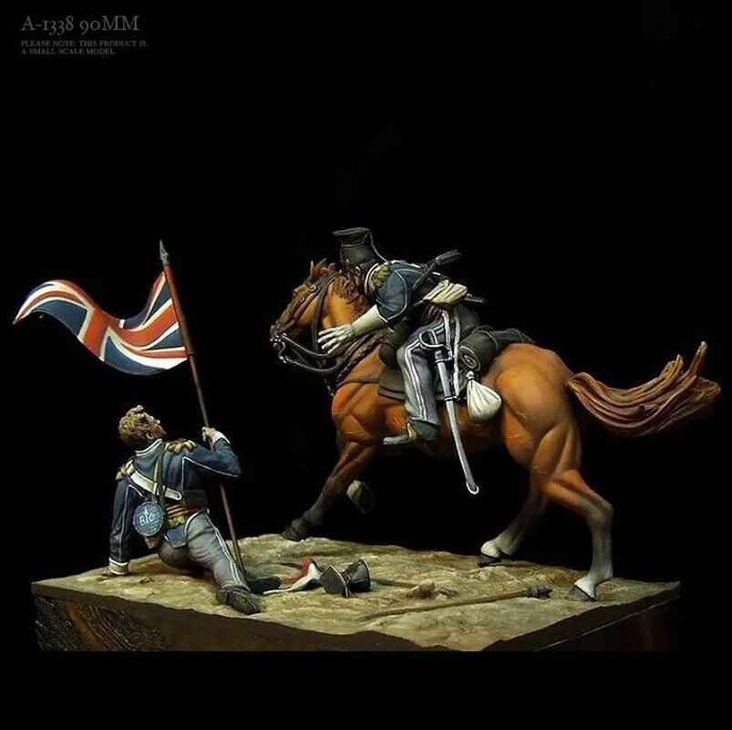 Napoleonic British Cavalry Officer on Horseback with Fallen Flag Bearer 90mm Resin Figure Set - resin model view 2