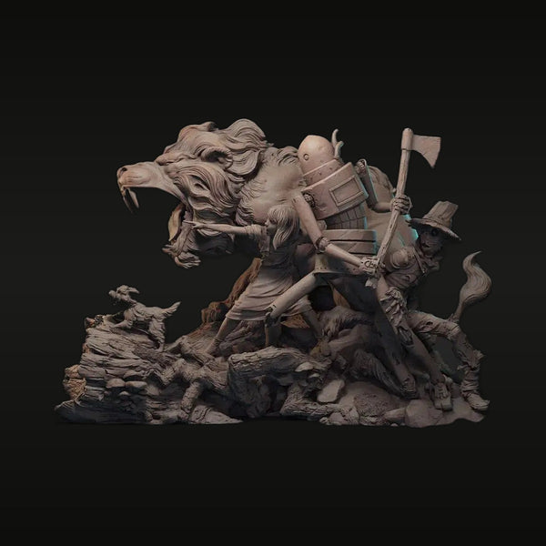 Fantasy Female Barbarian with Axe Fighting Lion Diorama 1/24 Resin Kit