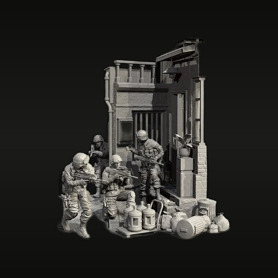 Modern Military Urban Assault Diorama with 4 Soldiers 1/72 Resin Kit - unpainted resin model kit