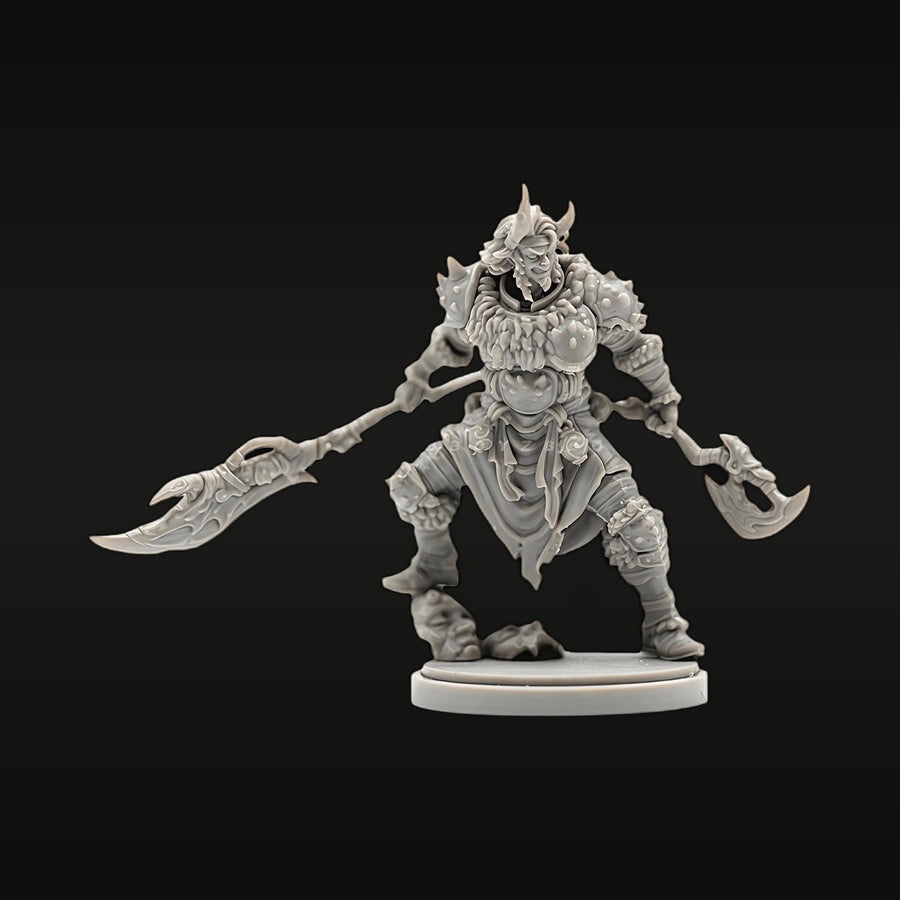 Horned Demon Warrior Dual Axe 38mm Resin Figure - unpainted resin model kit