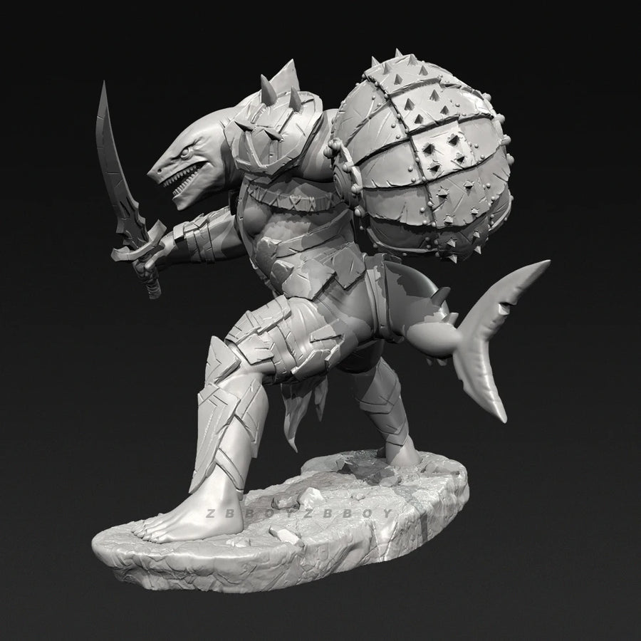 Fantasy Shark Beast Warrior with Saw Blade and Shield 38mm Resin Figure Kit - resin model view 4