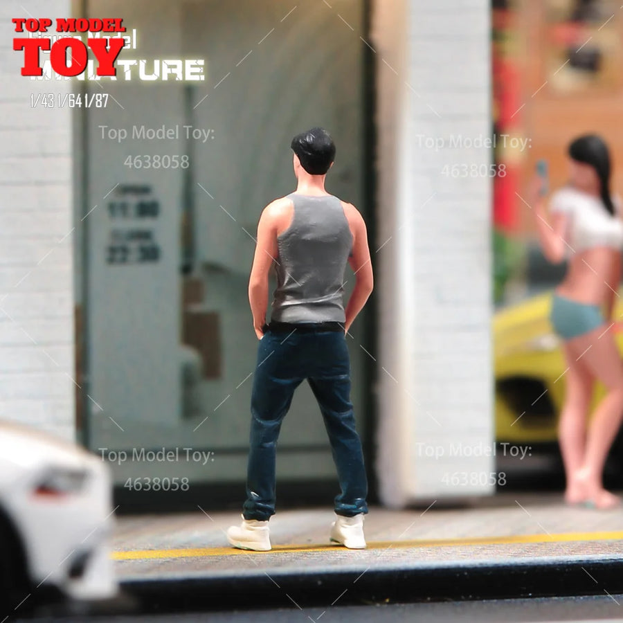 Painted Miniatures 1/64 Grey Vest Boy Jacket White T-Shirt Man Mini Scene Props Doll Unpainted Model for Cars Vehicles Toys