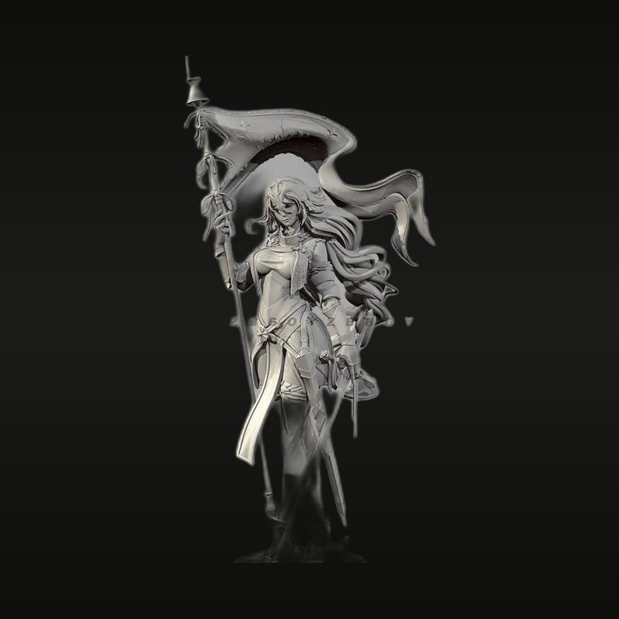 Fantasy Female Warrior with Banner Staff and Sword 55mm Resin Figure Kit - unpainted resin model kit