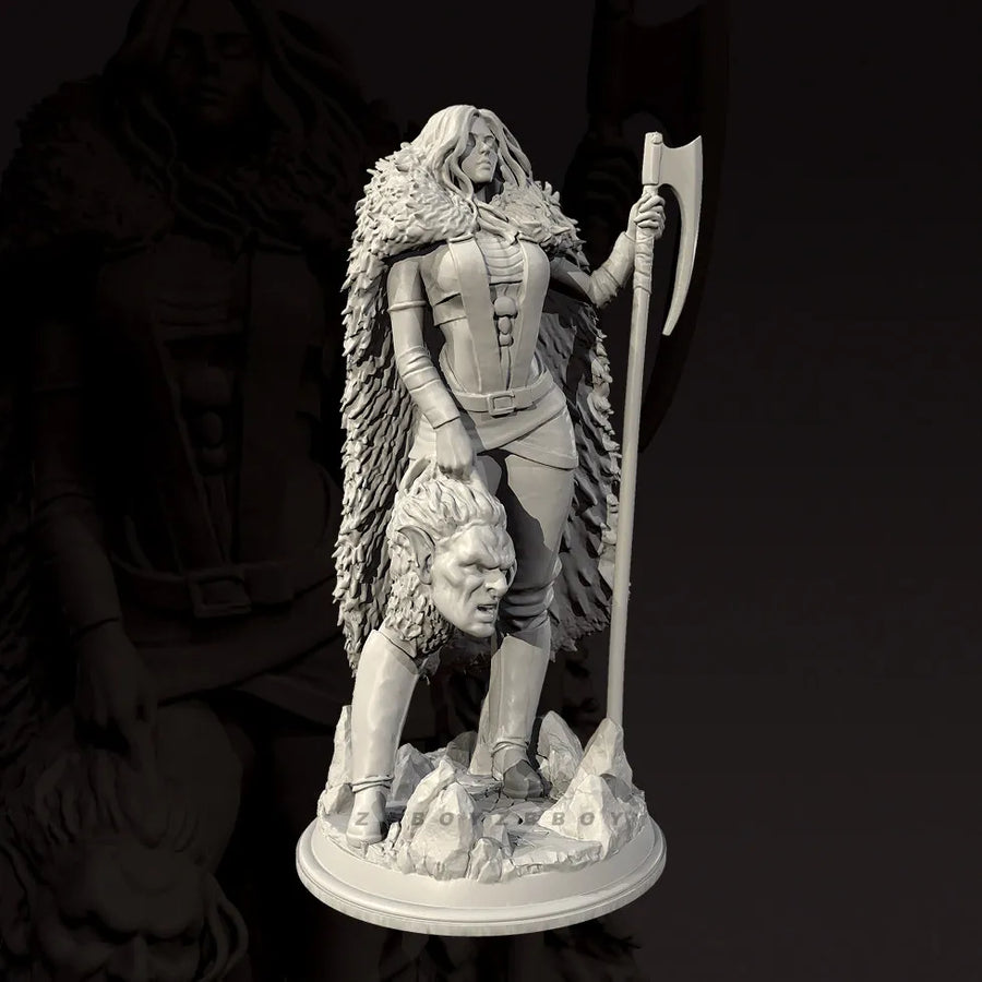 Fantasy Female Barbarian Warrior with Poleaxe & Trophy Head 28mm Resin Figure Kit - resin model view 3