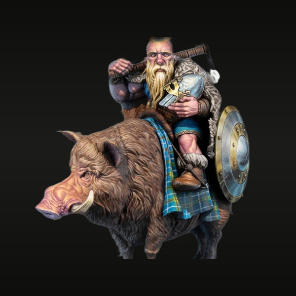 Scottish Dwarf Warrior on Boar 75mm Resin Figure
