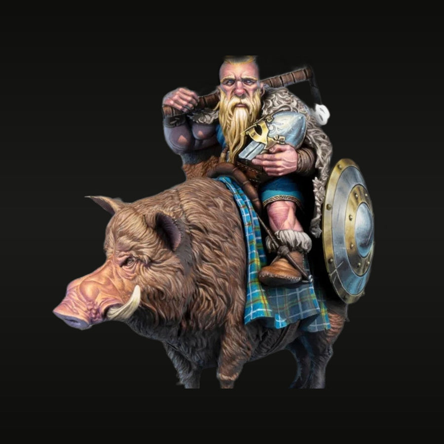 Scottish Dwarf Warrior on Boar 75mm Resin Figure - unpainted resin model kit