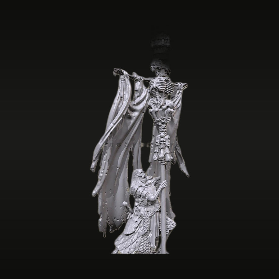 Fantasy Skeletal Reaper with Kneeling Armored Undead Bearer 28mm Resin Figure - unpainted resin model kit