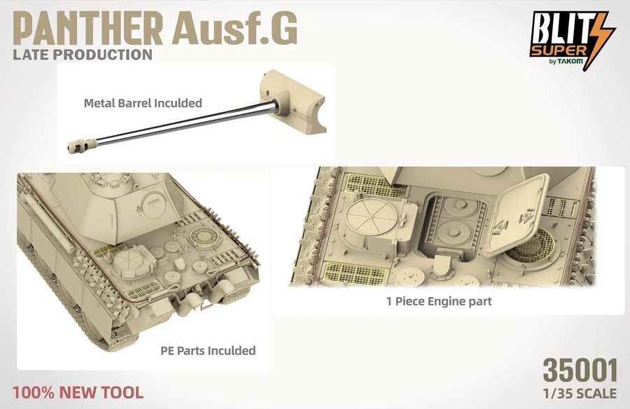 TAKOM 35001 1/35 Panther Ausf.G Late Prod Tank W/Metal Barrel Inculded,Track