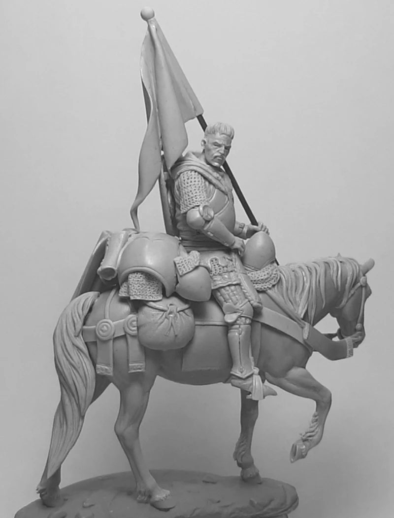 Medieval Polish Knight on Horseback with Banner 54mm Resin Figure Kit - unpainted resin model kit