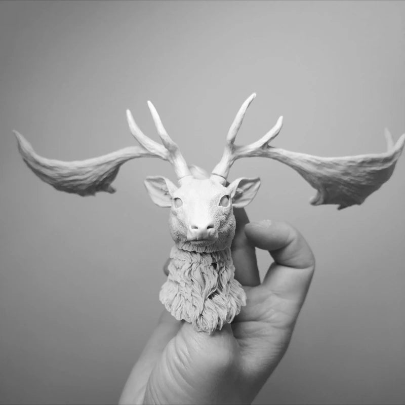 Fantasy Stylized Deer Head Bust with Antlers and Ear Pieces 1/6 Resin Kit - resin model view 3