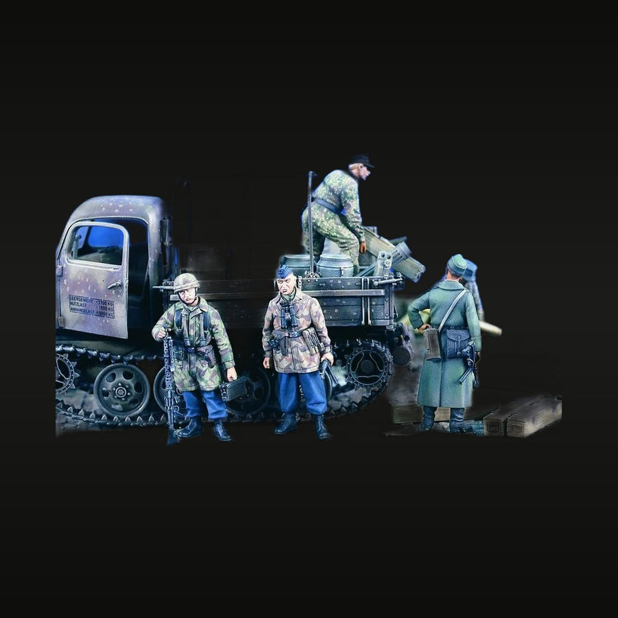 WWII German Fallschirmjäger Supply Team with Maultier Half-Track 1/35 Resin Diorama Set - unpainted resin model kit