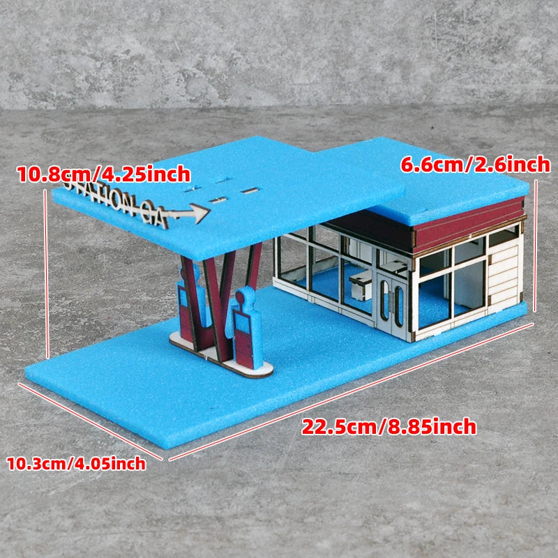 Assembly Architectural Model Sand Table Gas Station Filling Petrol Service Station Modern and Car Scale Model Kit 1/64