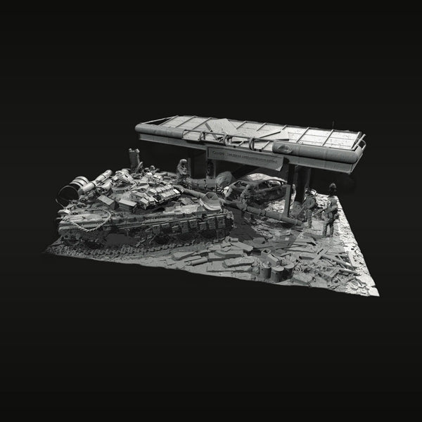 Modern Conflict Destroyed Gas Station Diorama with T-72/T-80 Tank 1/72 Resin Kit