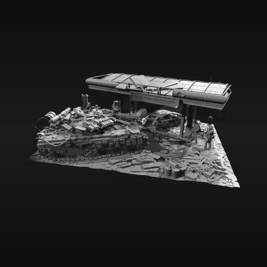 Modern Conflict Destroyed Gas Station Diorama with T-72/T-80 Tank 1/72 Resin Kit - unpainted resin model kit