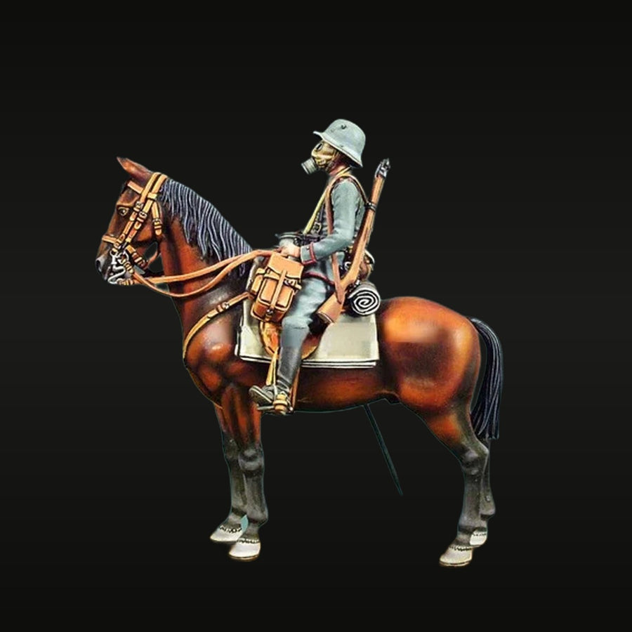 WWI German Cavalry Soldier on Horseback with Gas Mask and Rifle 1/32 Resin Figure Kit - unpainted resin model kit