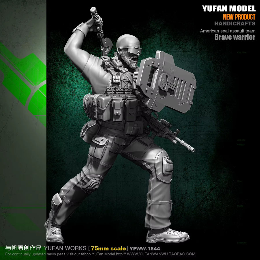 Modern Stylized Tactical Warrior with Rifle and Shield 75mm Resin Figure Kit - resin model view 3