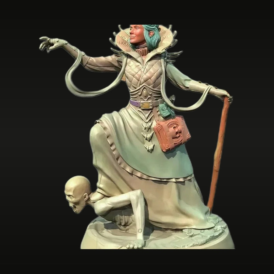 Fantasy Female Sorceress with Staff & Grimoire 75mm Resin Figure Kit - unpainted resin model kit