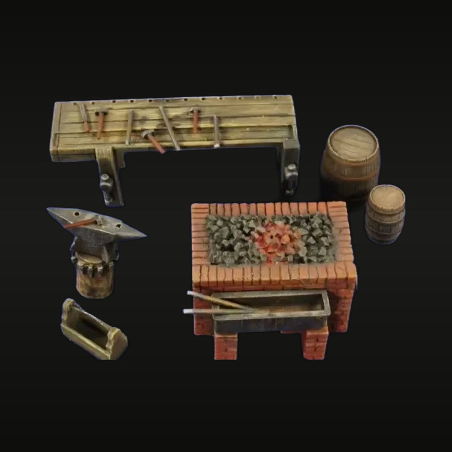 WWII Military Camp Forge with Anvil Barrels Accessories 1/35 Resin Diorama Kit - unpainted resin model kit