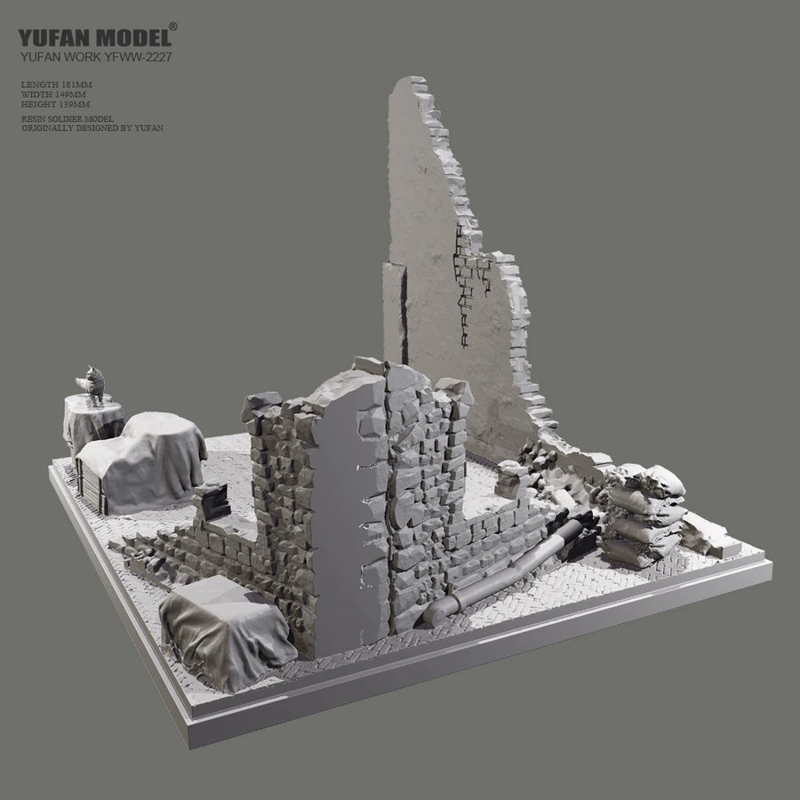 WWII Ruined Battlefield Diorama Base with Walls & Rubble 1/35 Resin Kit - resin model view 3