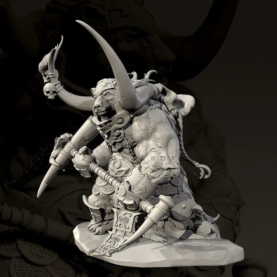 Fantasy Bull Minotaur Warrior with Skull Staff 60mm Resin Figure Kit - resin model view 4