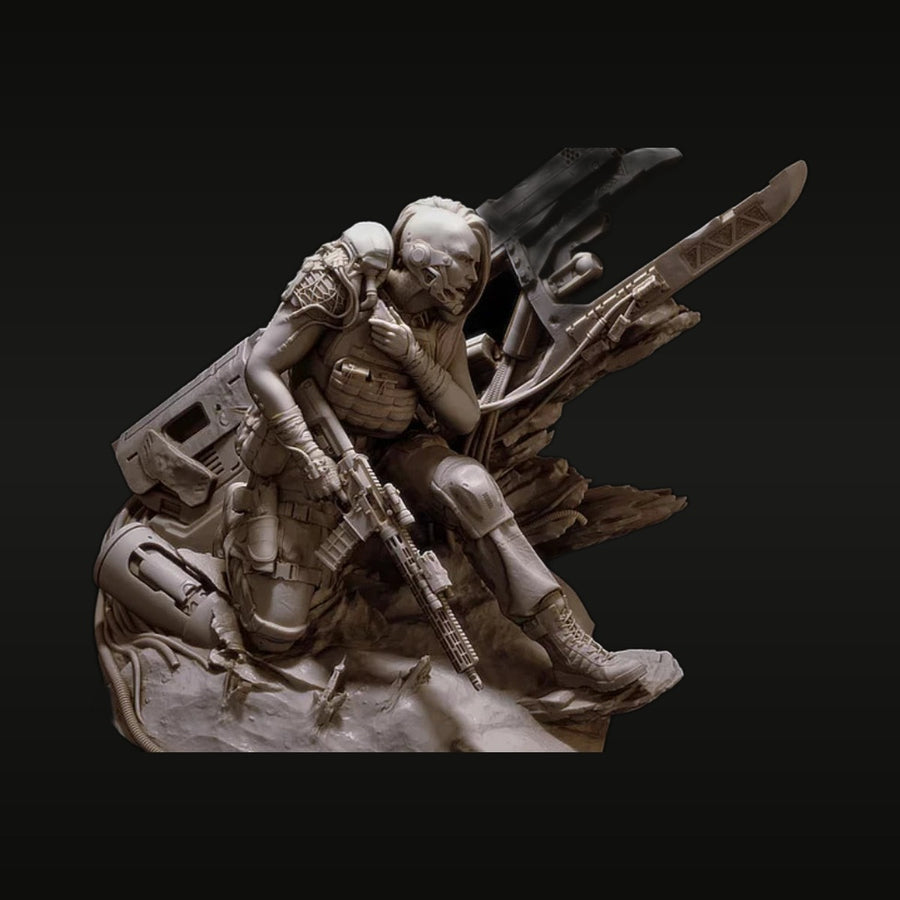 Sci-Fi Female Soldier with Sniper Rifle on Alien Diorama Base 1/24 Resin Figure Kit - unpainted resin model kit