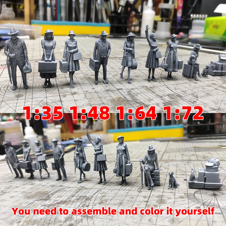 Airport Wharf Train Railway Station Platform Car Station Passenger Luggage Assembly Scale Model Kit 7 Pcs 1/72 1/64 1/35 1/48