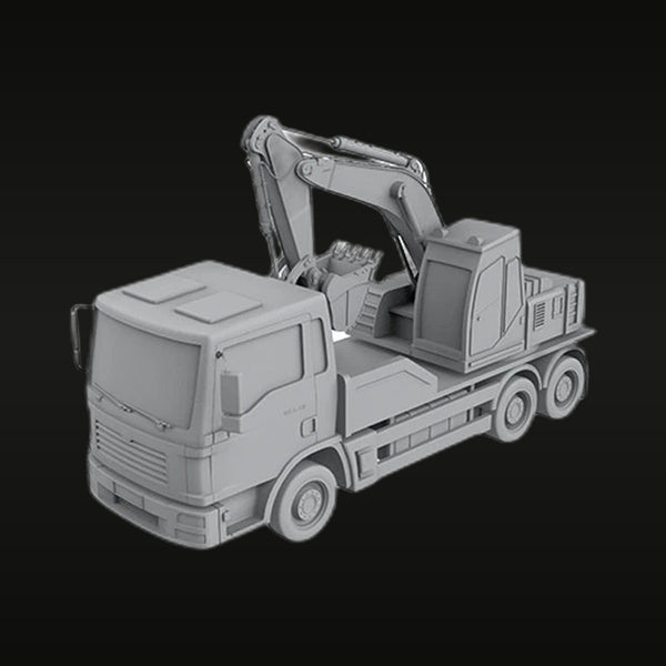 Modern Flatbed Truck with Excavator 1/64 Resin Vehicle Kit