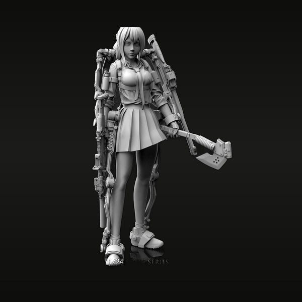 Stylized Female Sci-Fi Warrior with Rifle and Axe 1/24 Resin Figure Kit