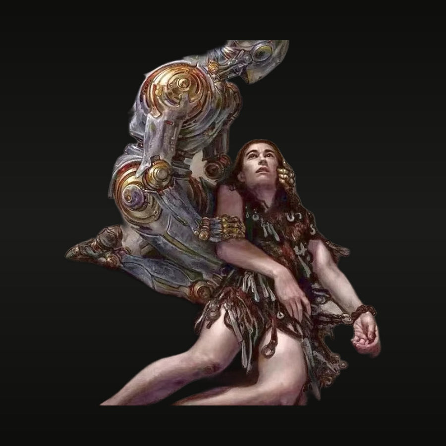 Steampunk Female Warrior with Mechanical Automaton 1/24 Resin Figure Set - unpainted resin model kit