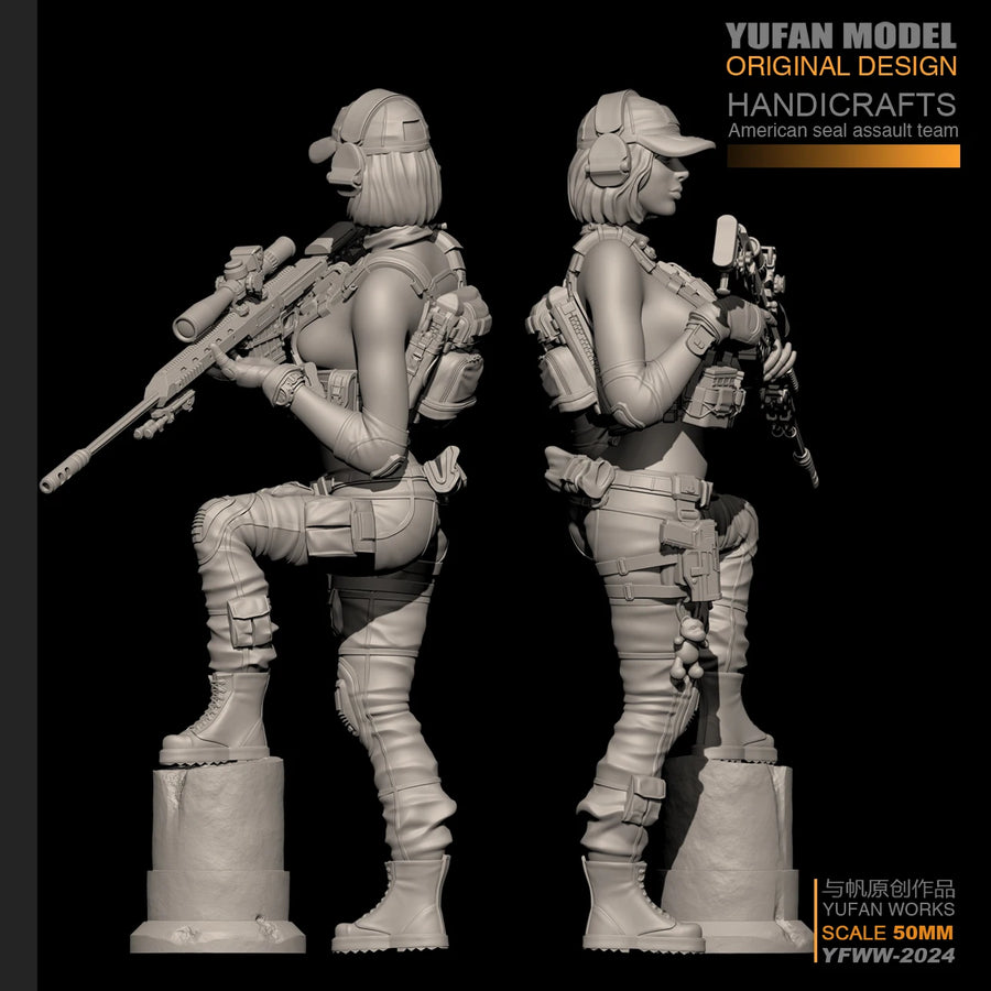 Modern Female Tactical Operators with Rifles 50mm & 28mm Resin Figure Set - resin model view 4