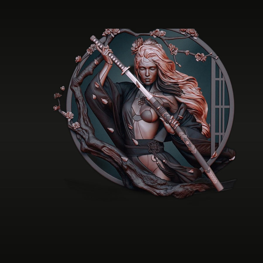 Fantasy Female Samurai with Katana and Cherry Blossoms 75mm Resin Bust Kit - unpainted resin model kit